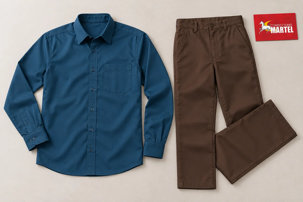 Camisa azul petróleo y pantalón chocolate extendidos sobre fondo claro.