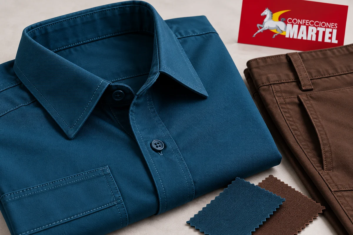 Cuello y botones de camisa petróleo con pantalón marrón y muestras de tejido.