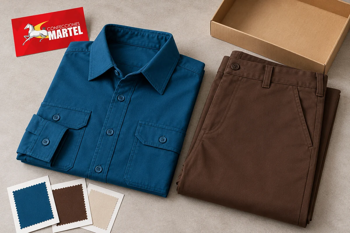 Camisa petróleo y pantalón chocolate doblados junto a muestras de tela y caja vacía.