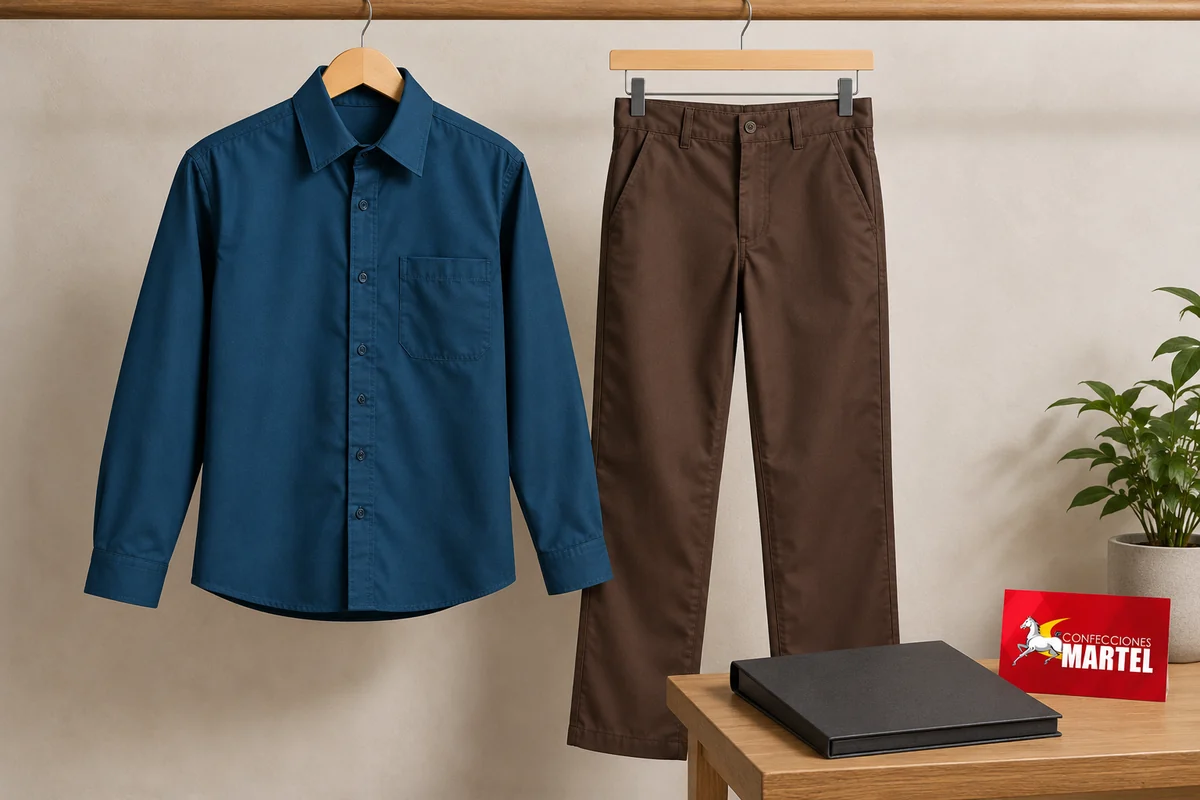 Camisa azul petróleo y pantalón marrón en perchas junto a carpeta cerrada.
