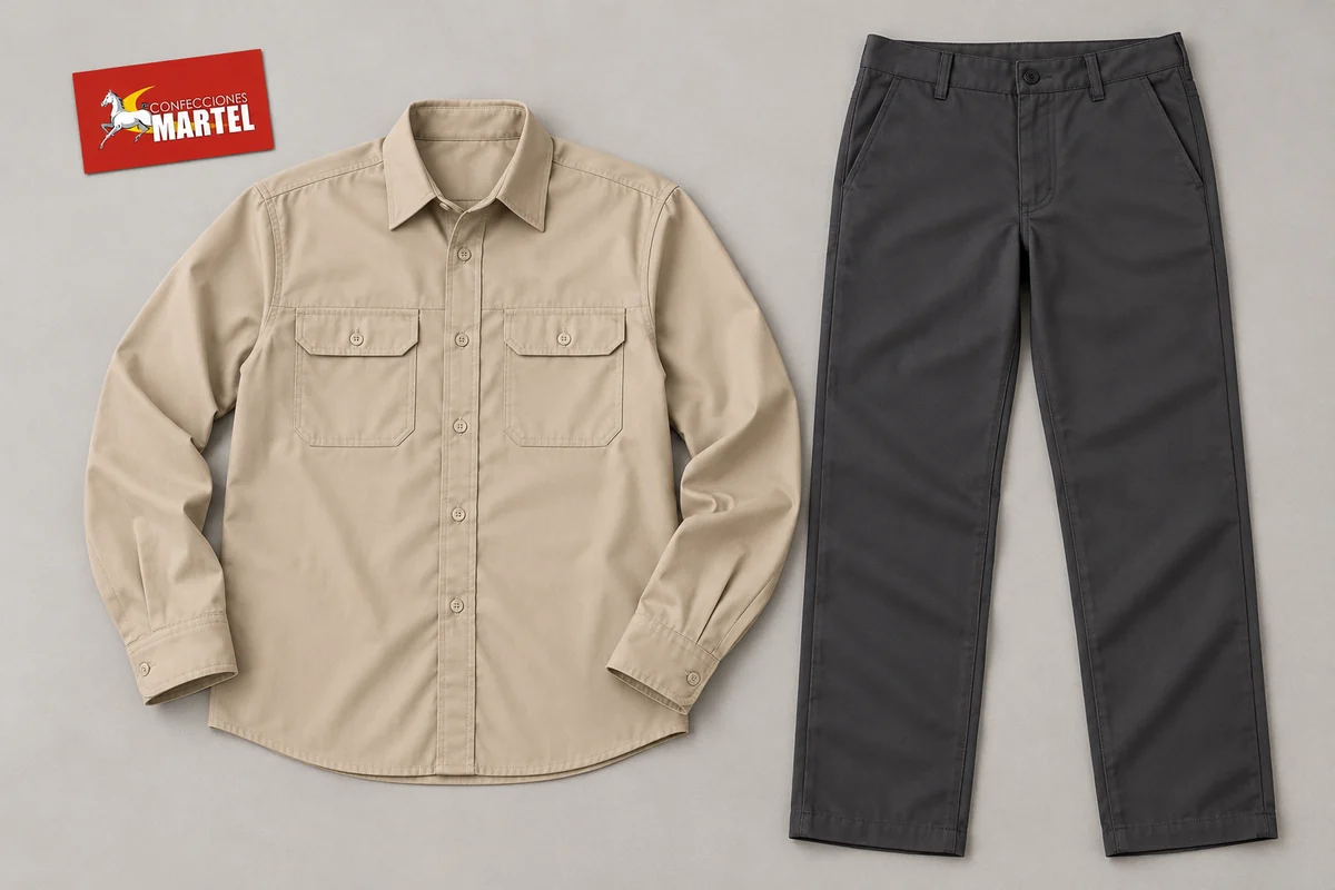 Camisa beige de manga larga y pantalón grafito extendidos sobre fondo claro.