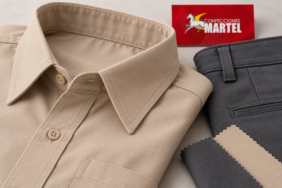 Detalle del cuello beige, botones y cintura grafito junto a muestras de tela.