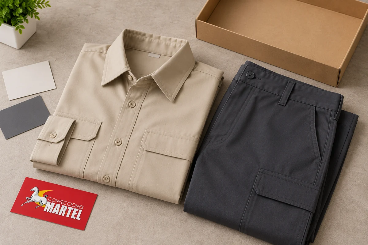 Camisa beige y pantalón grafito doblados junto a tarjetas lisas y una caja vacía.