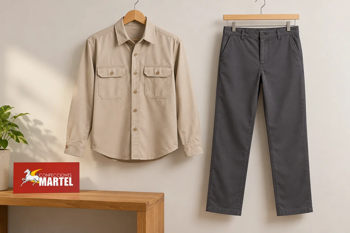 Camisa beige y pantalón grafito colgados en perchas de madera.