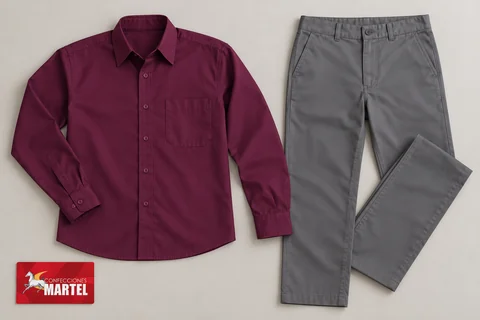 Camisa ciruela con bolsillo de pecho y pantalón gris extendidos.