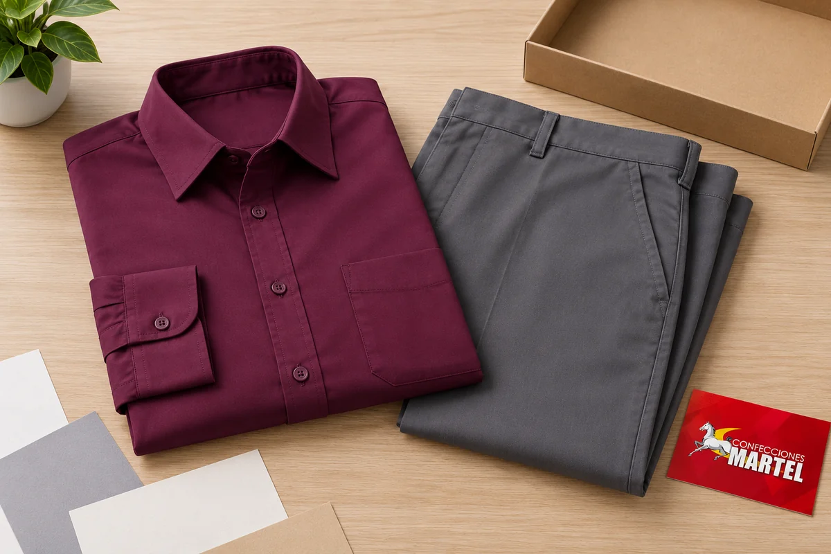 Camisa ciruela y pantalón gris doblados junto a tarjetas lisas y caja abierta.