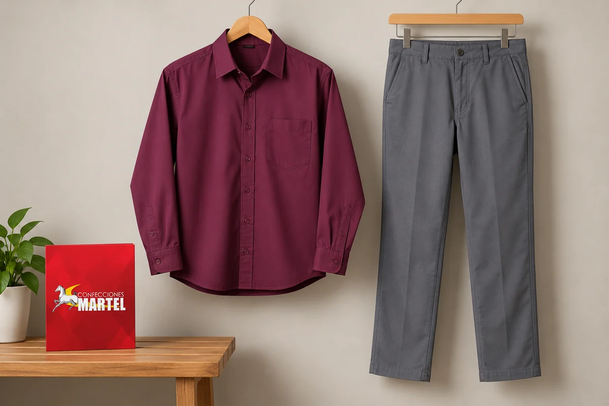 Camisa ciruela y pantalón gris en perchas sobre banco de madera.