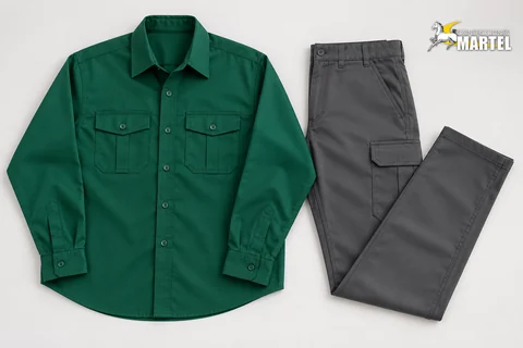 Camisa verde esmeralda de manga larga y pantalón grafito dispuestos sobre fondo claro.