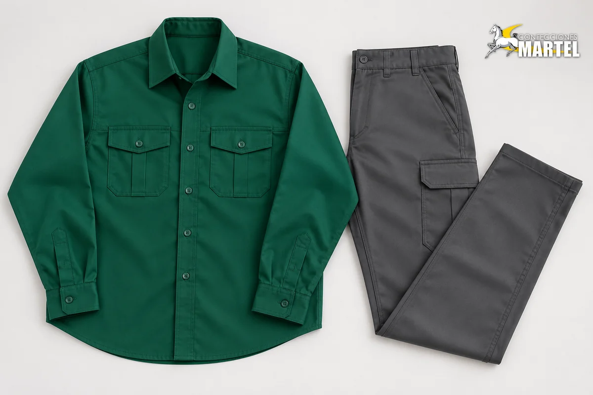 Camisa verde esmeralda de manga larga y pantalón grafito dispuestos sobre fondo claro.