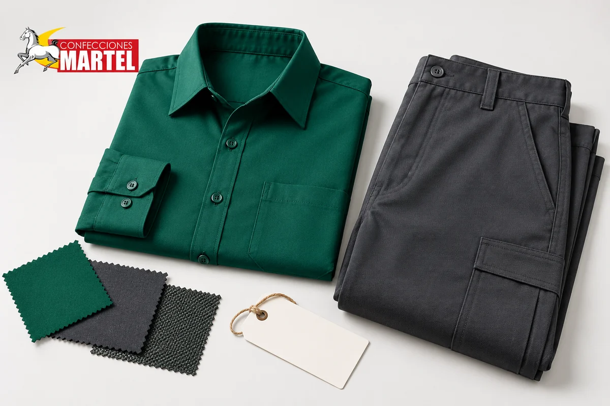Camisa esmeralda y pantalón grafito doblados junto a muestras textiles y una etiqueta vacía.