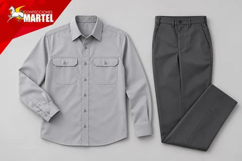 Camisa gris claro con dos bolsillos y pantalón grafito extendidos
