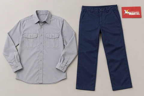 Camisa gris claro y pantalón azul marino extendidos sobre fondo neutro.