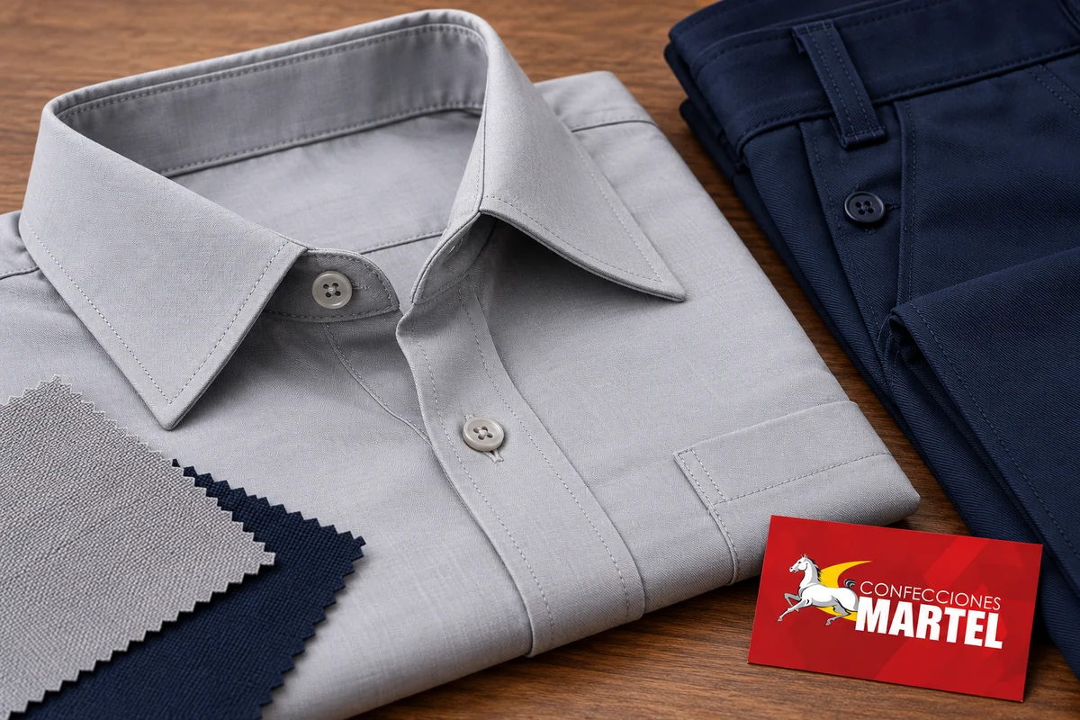 Detalle del cuello y botones grises junto a pantalón marino y tejidos.