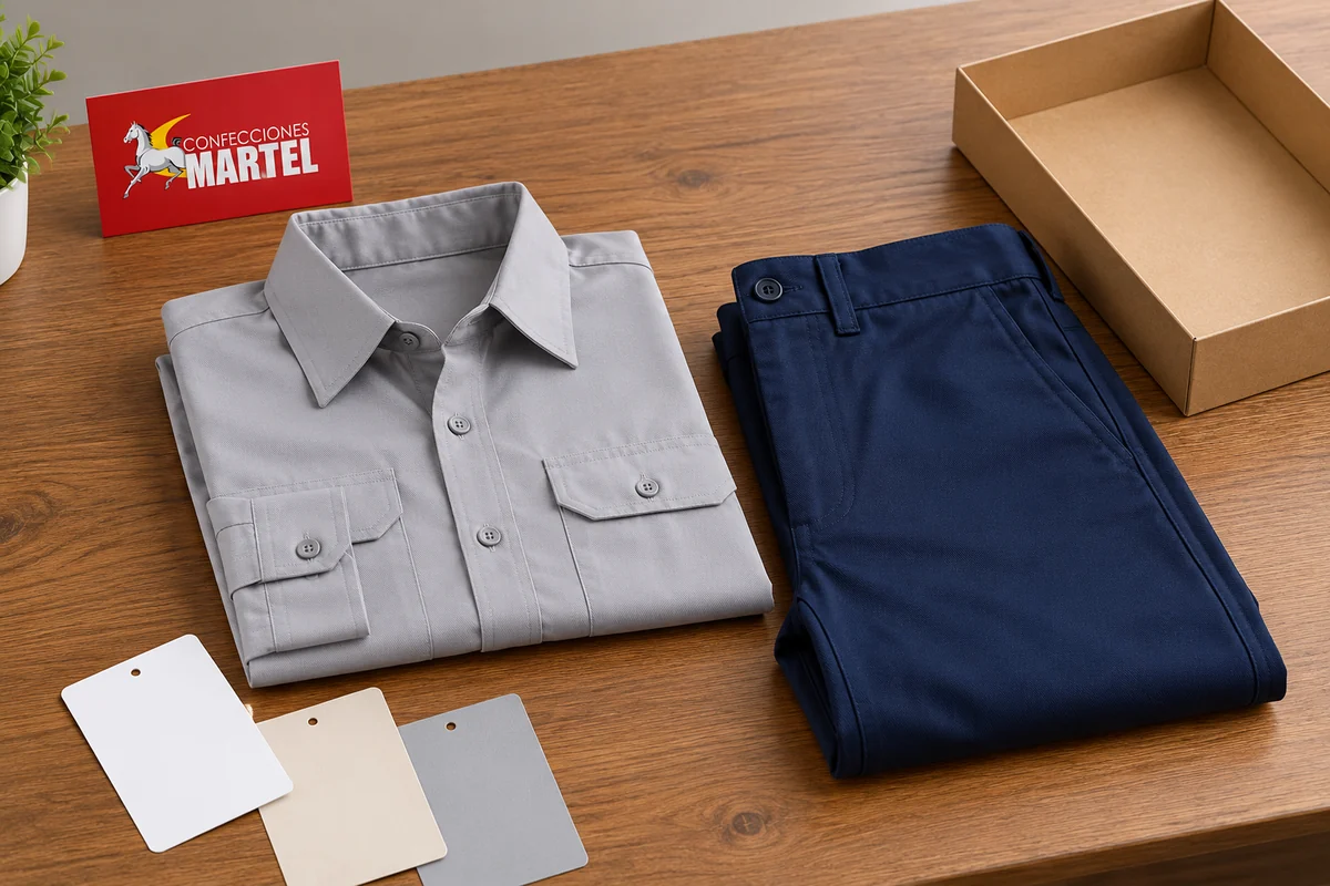 Camisa gris y pantalón marino doblados junto a tarjetas blancas y caja vacía.