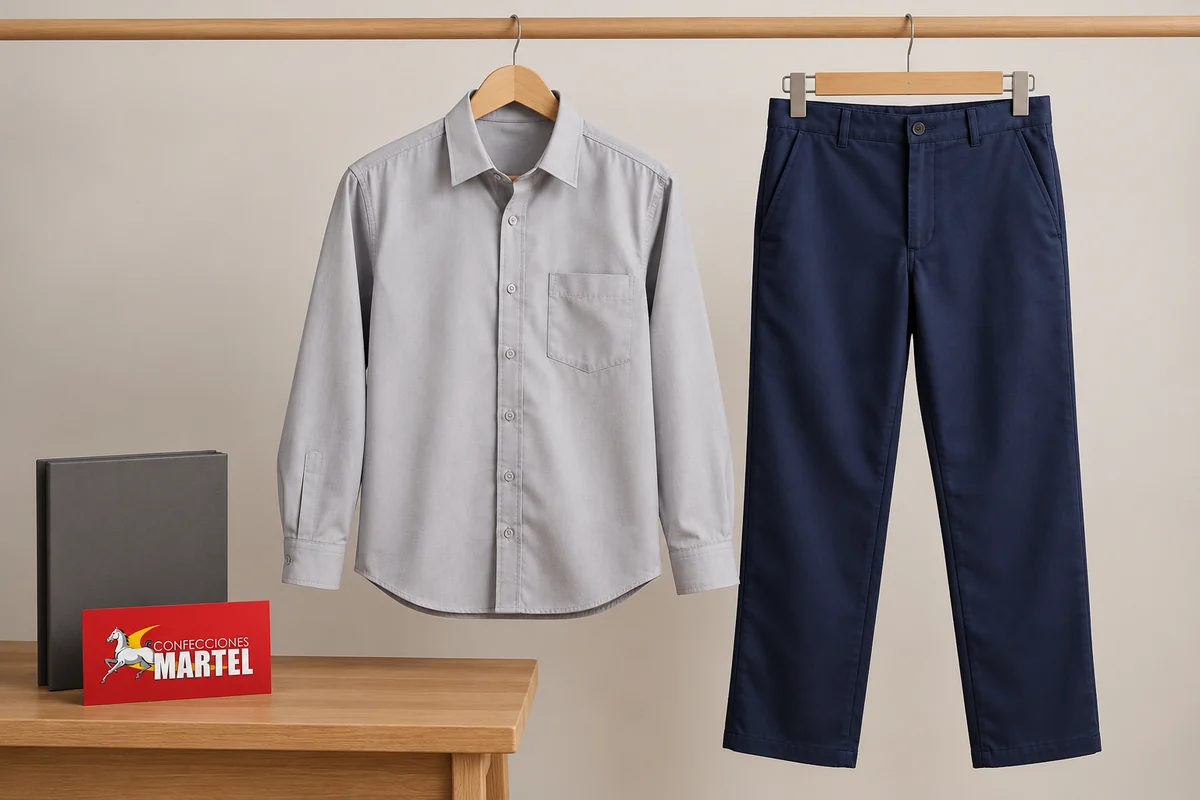 Camisa gris claro y pantalón marino suspendidos de perchas de madera.