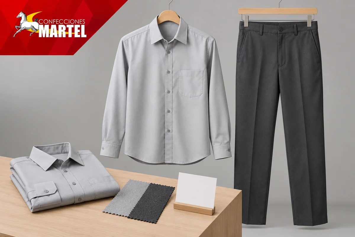 Camisa gris claro y pantalón grafito en perchas con muestras textiles