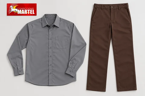 Camisa gris de manga larga y pantalón chocolate extendidos