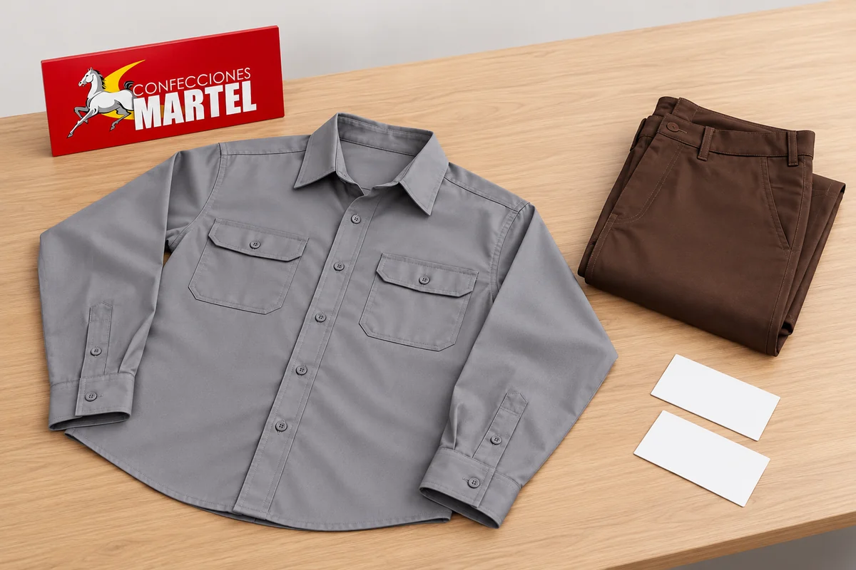 Camisa gris con bolsillos de tapa junto a pantalón chocolate doblado y fichas en blanco