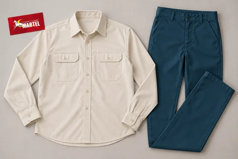 Camisa marfil de manga larga y pantalón azul petróleo extendidos.