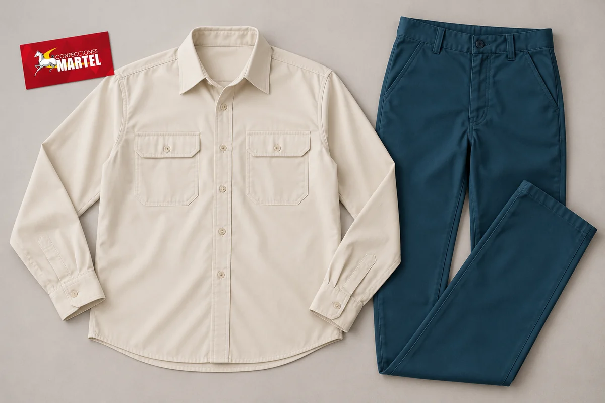 Camisa marfil de manga larga y pantalón azul petróleo extendidos.