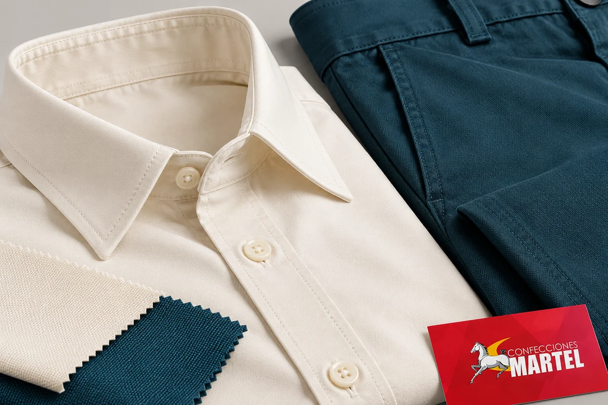 Detalle de cuello marfil y botones junto a pantalón petróleo y telas.