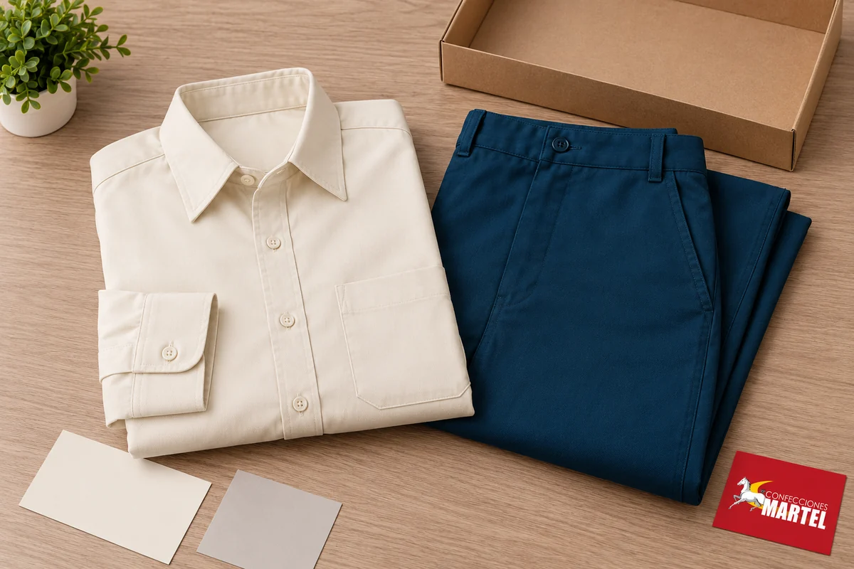 Camisa marfil y pantalón petróleo doblados sobre mesa con caja abierta.