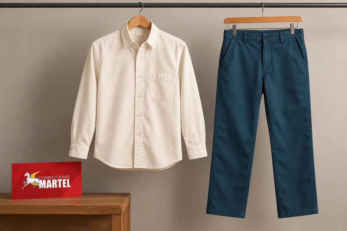 Camisa marfil y pantalón petróleo en perchas de madera.
