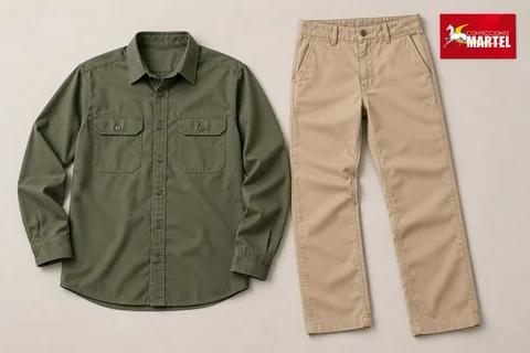Camisa verde oliva de manga larga y pantalón arena extendidos.