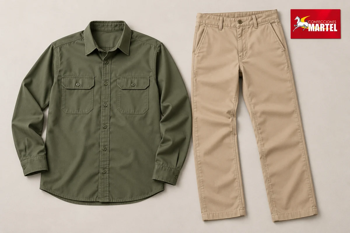 Camisa verde oliva de manga larga y pantalón arena extendidos.