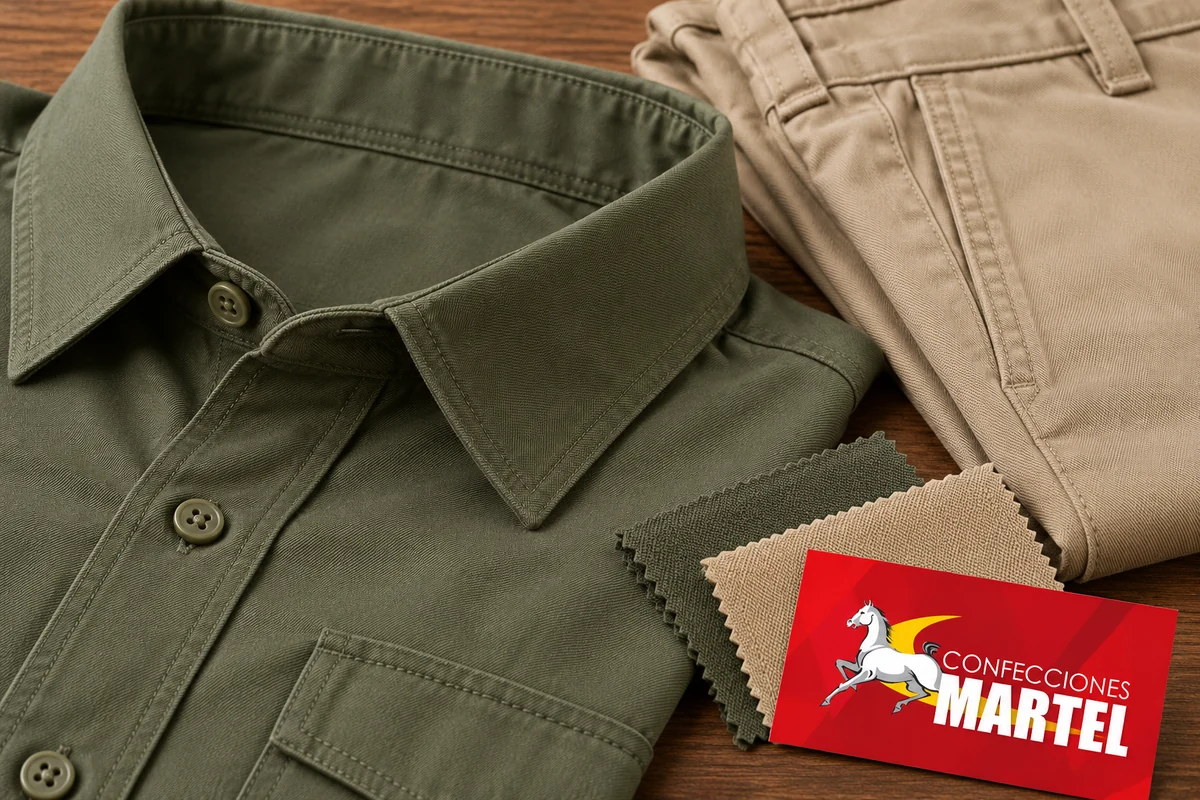 Detalle del cuello y botones de camisa oliva junto a pantalón arena y telas.