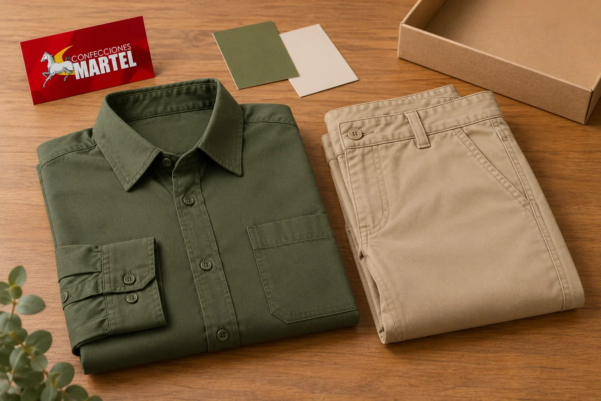 Camisa oliva y pantalón arena doblados sobre mesa con tarjetas lisas.