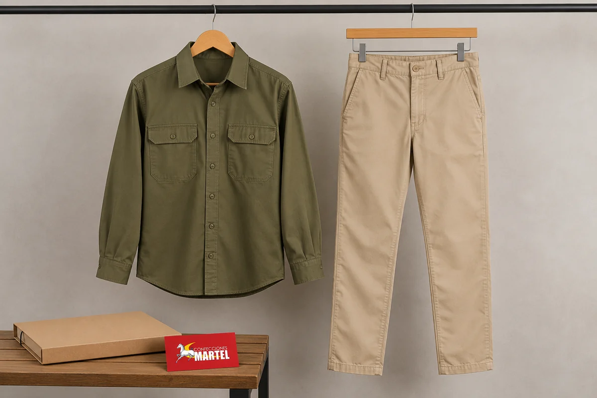 Camisa oliva y pantalón arena en perchas sobre un banco de madera.