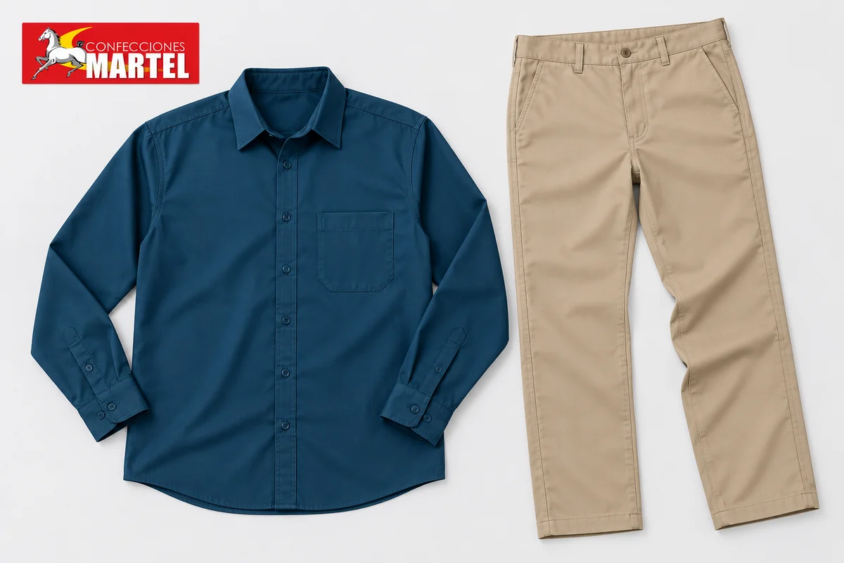 Camisa azul petróleo y pantalón beige extendidos sobre fondo neutro