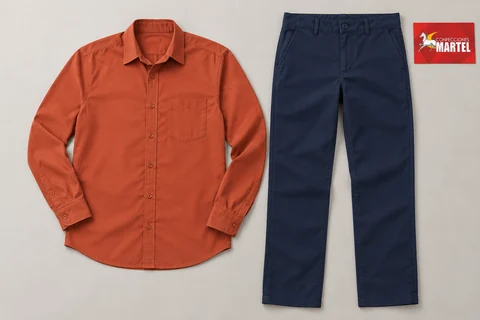 Camisa terracota y pantalón marino extendidos sobre fondo claro.