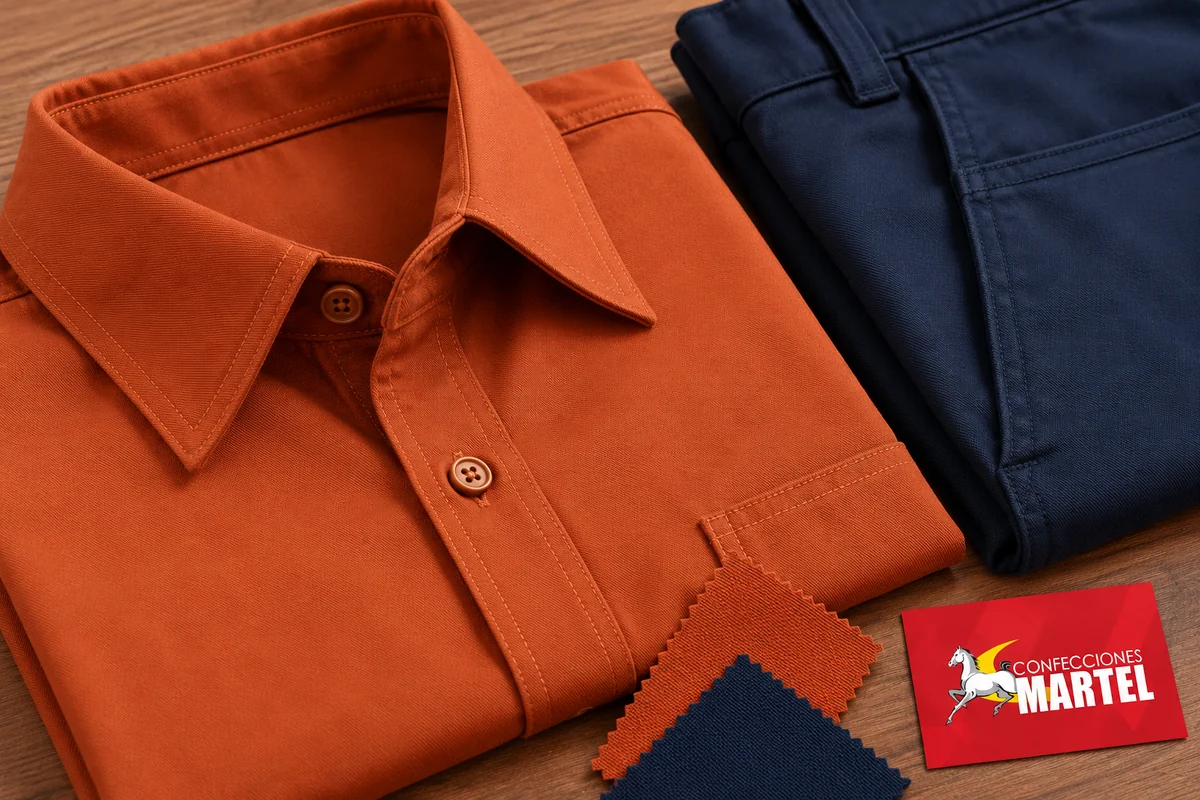 Detalle del cuello y botones terracota junto a pantalón marino y telas.