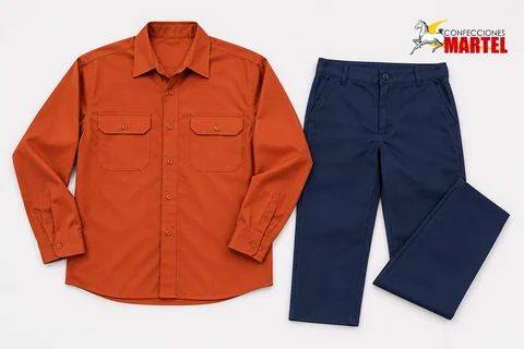 Camisa terracota con dos bolsillos y pantalón azul marino dispuestos sobre fondo claro.