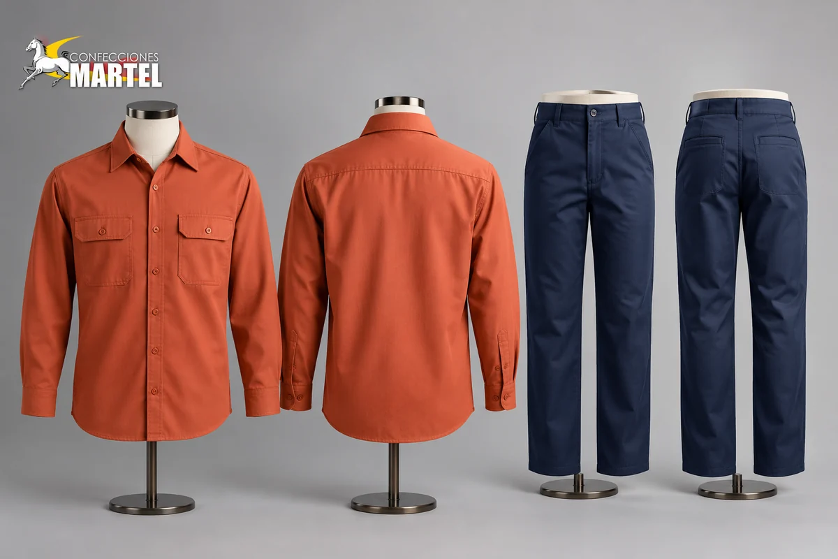 Vistas frontal y posterior de una camisa terracota y un pantalón azul marino sobre soportes de producto.