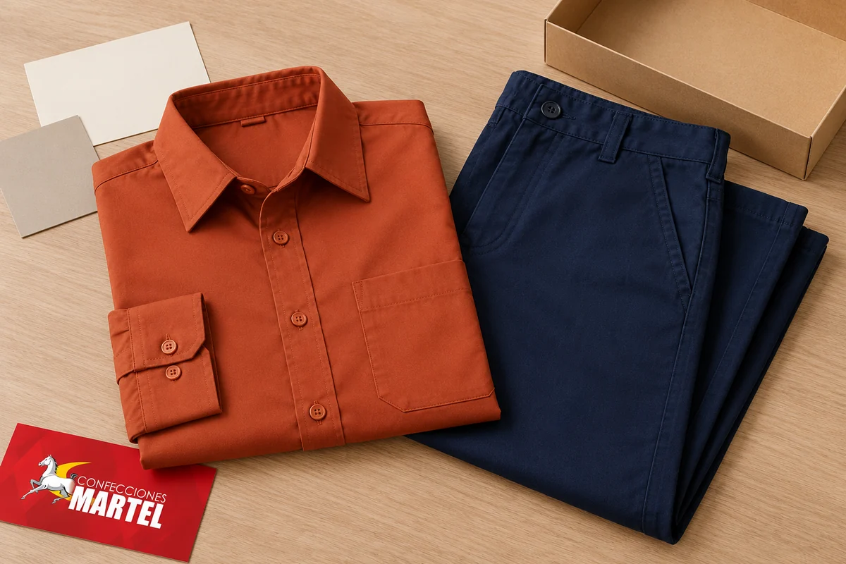 Camisa terracota y pantalón marino doblados junto a tarjetas lisas.