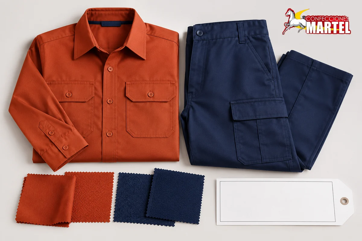 Camisa terracota y pantalón marino doblados junto a muestras textiles de ambos colores y una ficha vacía.