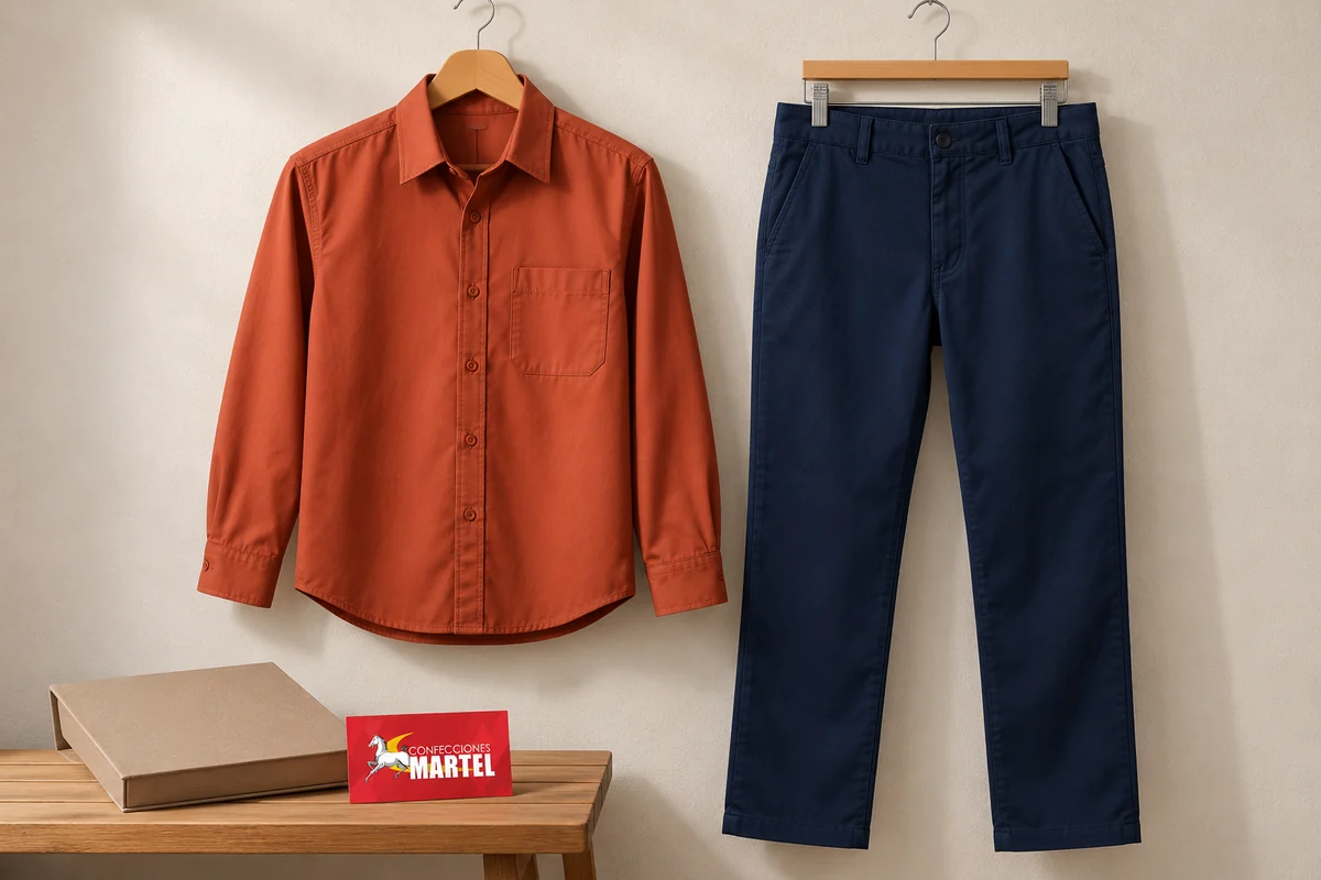 Camisa terracota y pantalón marino colgados en perchas de madera.