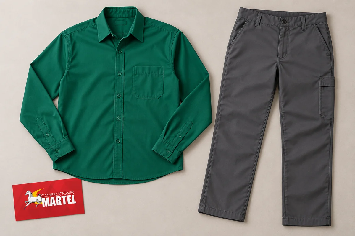 Camisa verde esmeralda y pantalón grafito extendidos sobre fondo claro.