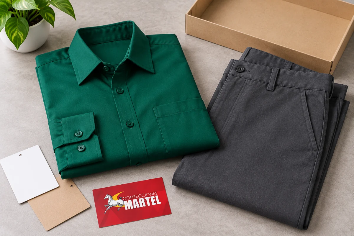 Camisa verde y pantalón grafito doblados junto a etiquetas lisas y caja vacía.