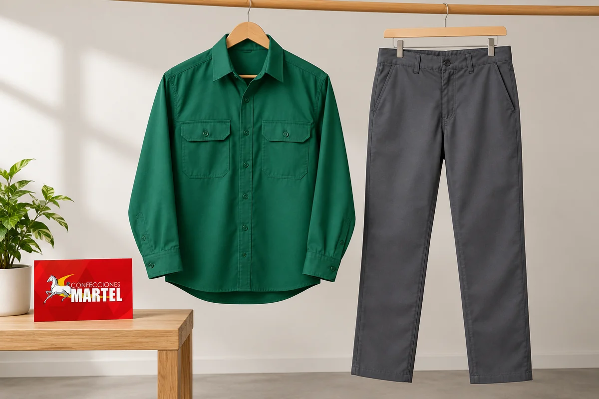 Camisa verde esmeralda y pantalón grafito colgados en perchas.