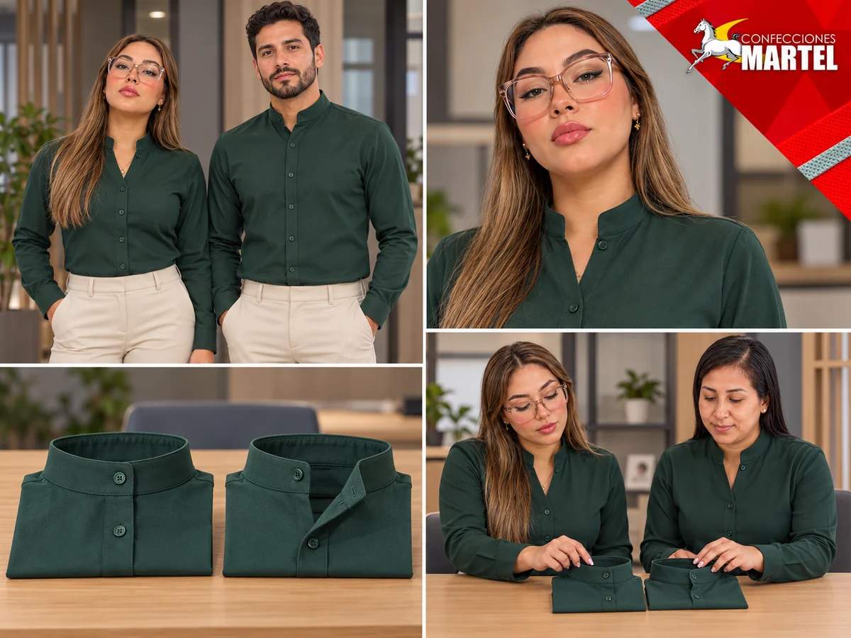 Camisas verde bosque de cuello mao y comparación de cierres