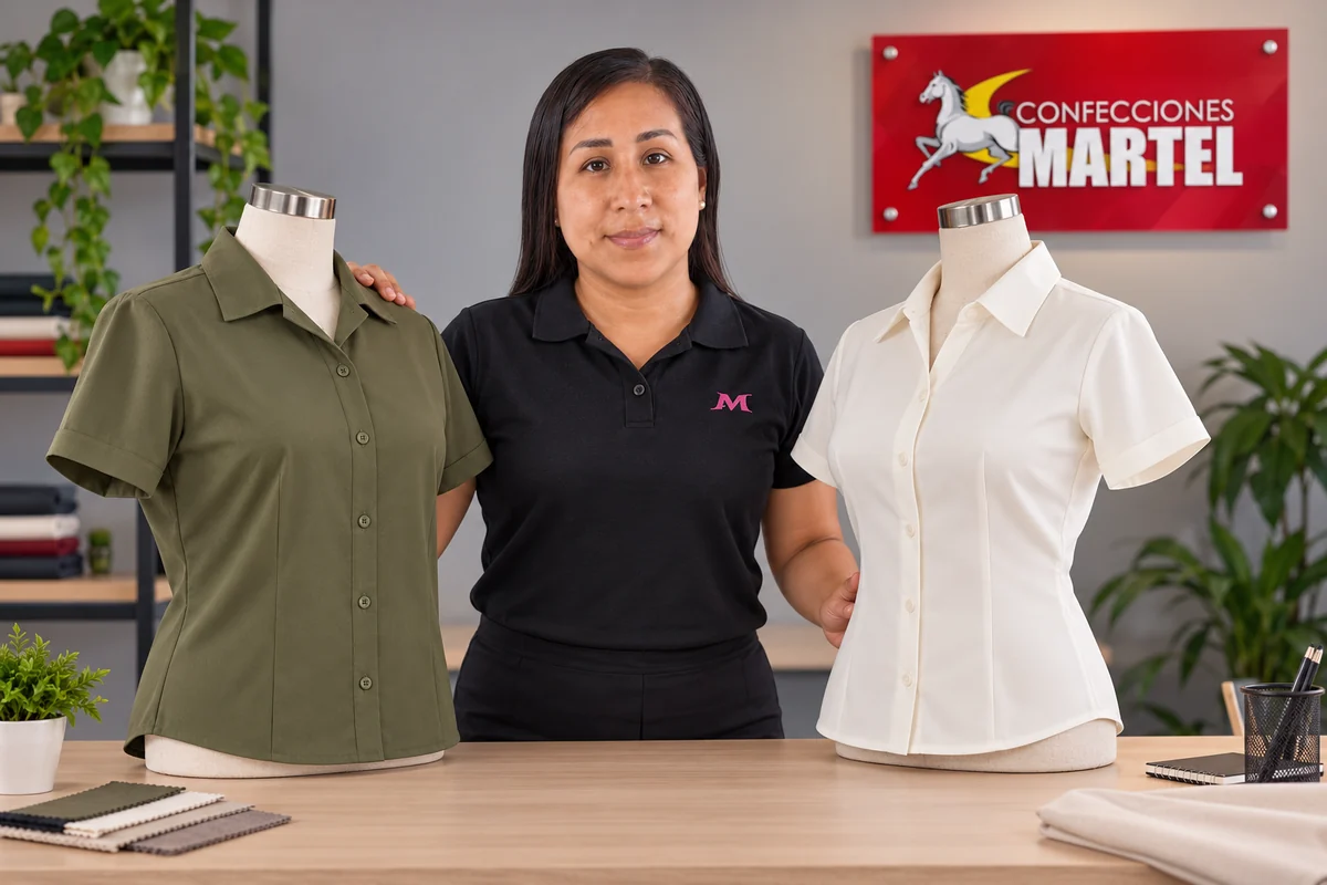 Camisas verde oliva y blanco roto con distintos cortes sobre maniquíes