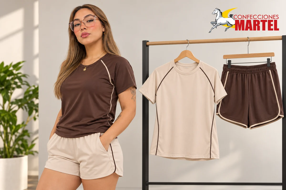 Modelo adulta con camiseta chocolate de ribetes beige y short beige junto a conjunto inverso en perchas.