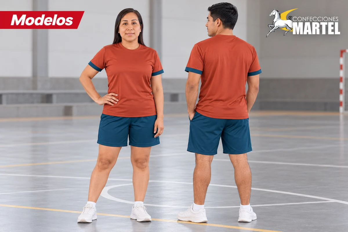 Modelos adultos muestran frente y espalda despejados de camisetas terracota con shorts azul petróleo.