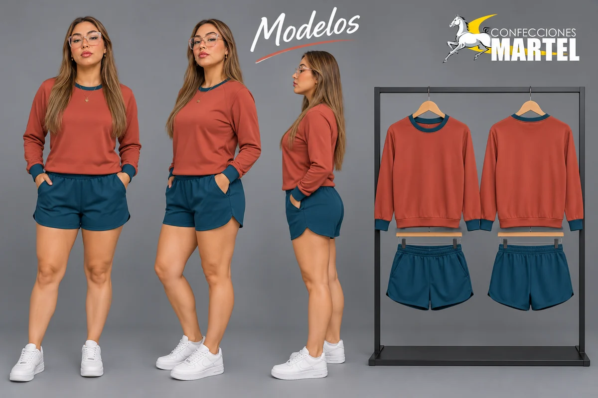 Tres vistas de una modelo adulta con camiseta terracota de manga larga y short petróleo, junto a prendas en perchas.
