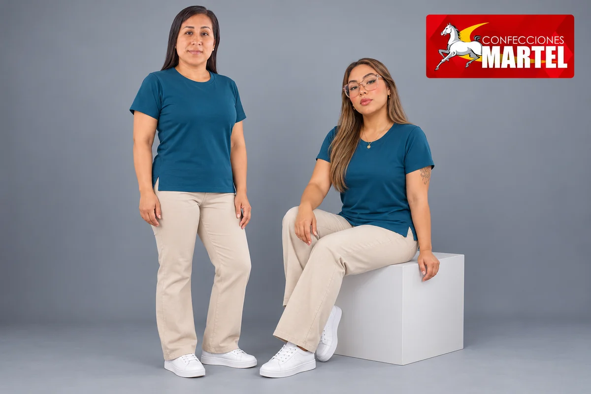 Camisetas azul petróleo con abertura lateral en modelos de pie y sentada