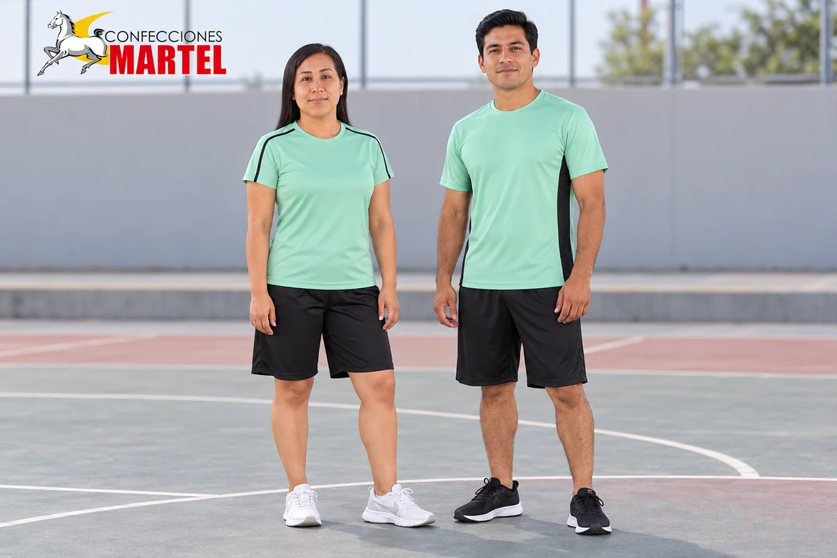 Mujer y hombre con camisetas deportivas menta de detalles negros y shorts negros en cancha.